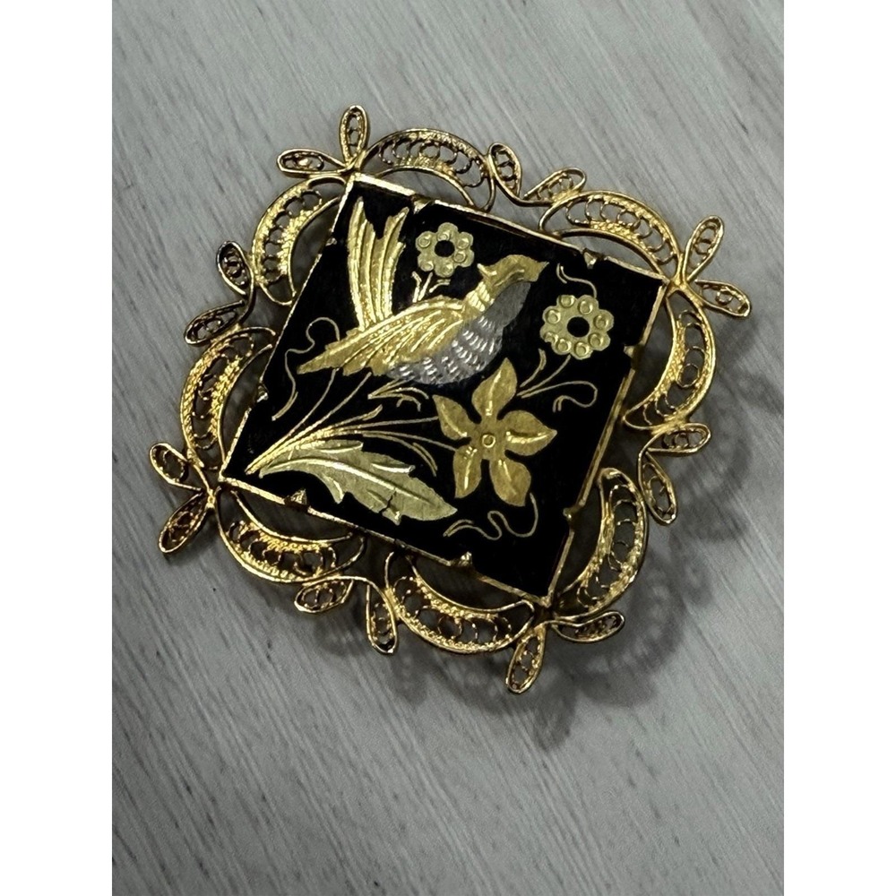 Spanish Damascene Brooch Bird Floral Gold Silver Inlay Filigree Pin Vintage